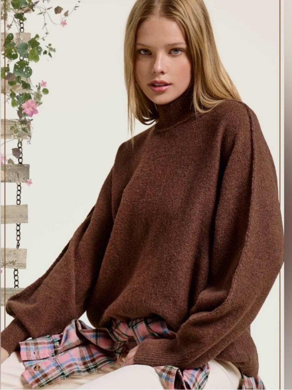 132. Chocolate Brown Oversized Turtleneck Slouchy Knit Sweater